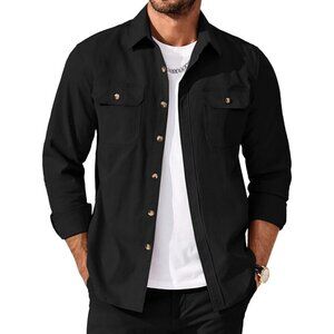 Men’s Casual Shirt Jacket Long Sleeve Button-Up Shacket with Flap Pockets Black